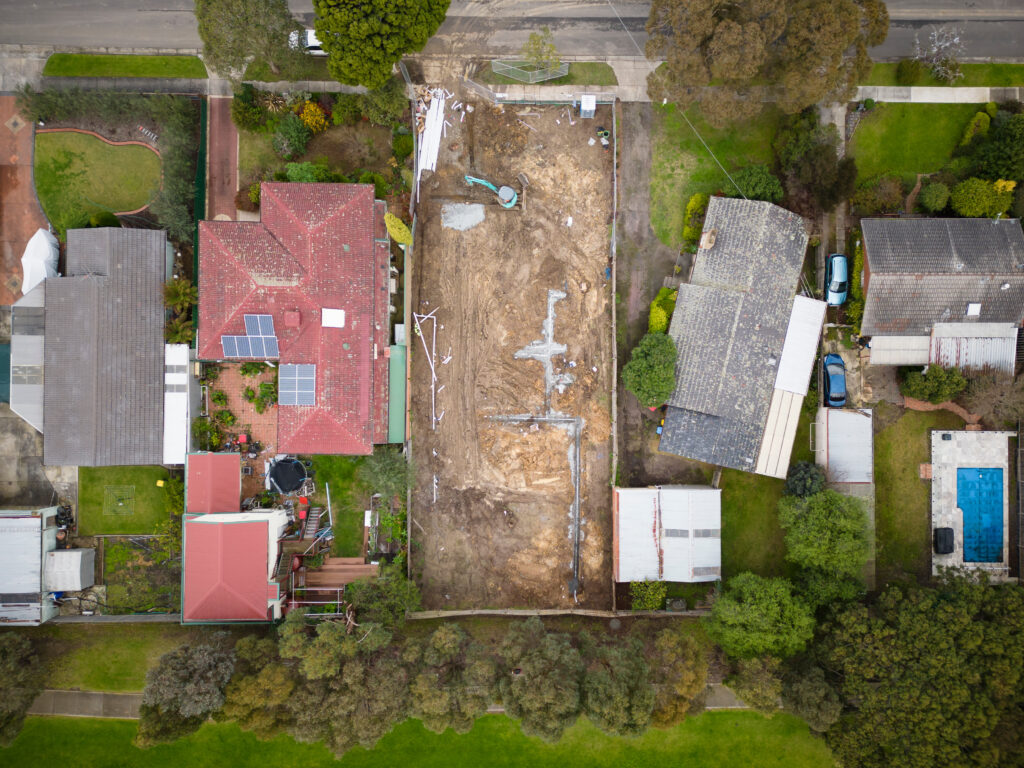 A construction site in a single-family neighborhood with smaller lot sizes.