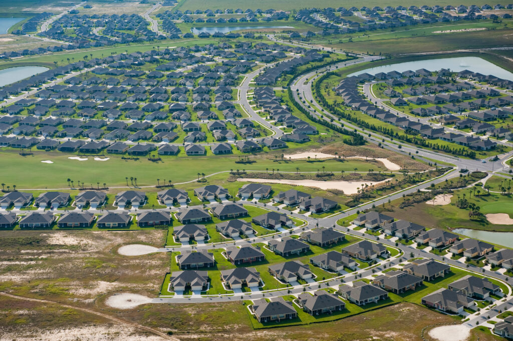 A sprawling, suburban single-family subdivision. This type of housing is often called "tract housing."