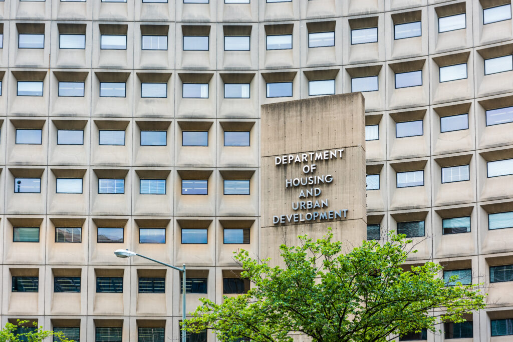 Department of Housing and Urban Development in downtown with closeup of sign and building windows